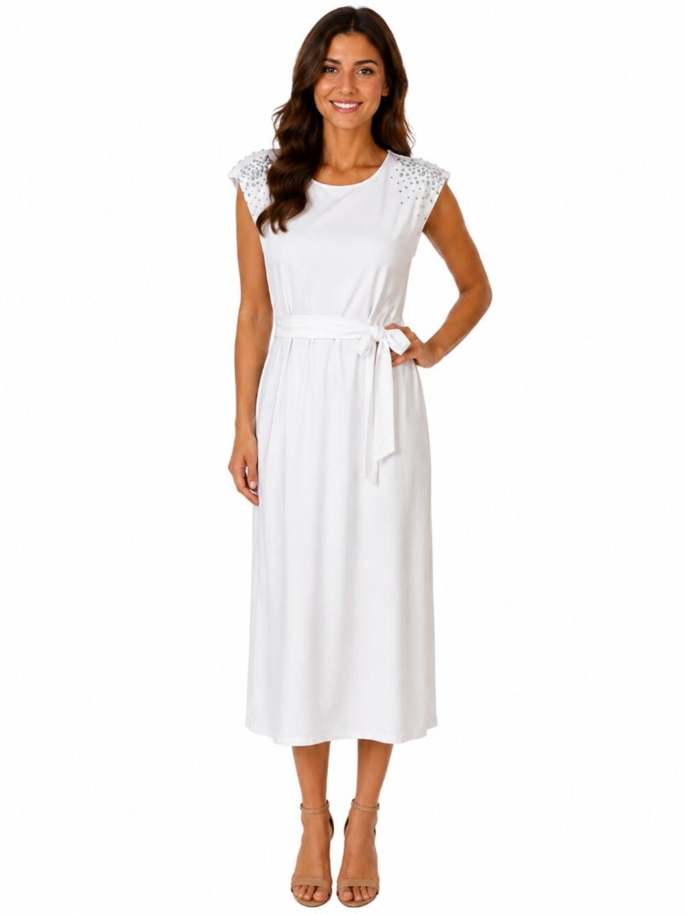 Express White Midi Dress L Jeweled Shoulders • Optional Tie Belt • Side Vent Hem